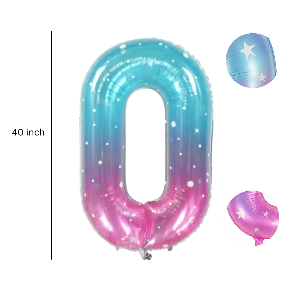 40" Number 0 Foil Balloon – Blue Pink Ombre with Stars – Giant Birthday Decoration