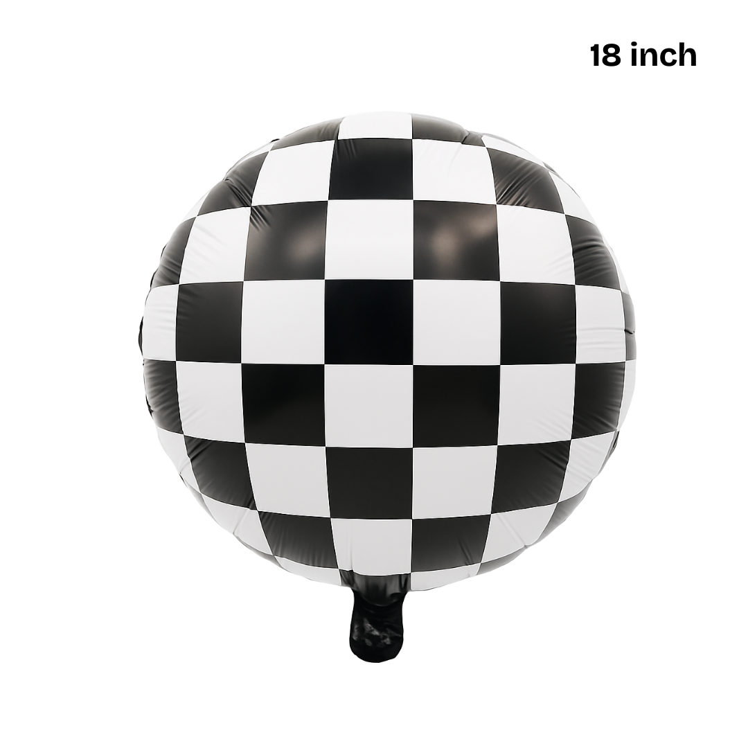18" Racing Checkered Foil Balloon ā Black & White Race Flag Pattern