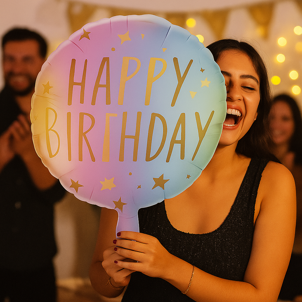 Happy Birthday Balloon β Round Rainbow Foil Balloon with Gold Lettering and Stars