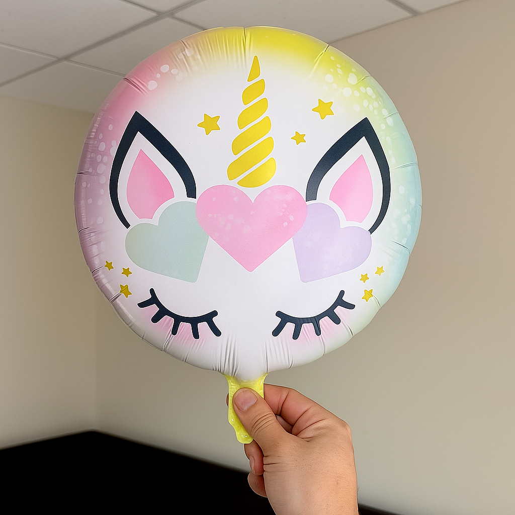 18 Inch Unicorn Foil Balloon β Round Pastel Helium Balloon with Heart and Horn Design