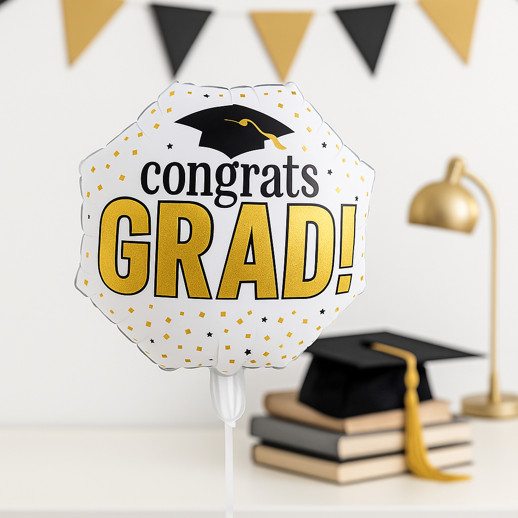 Congrats Grad Balloon – White & Gold Foil Graduation Party Decor