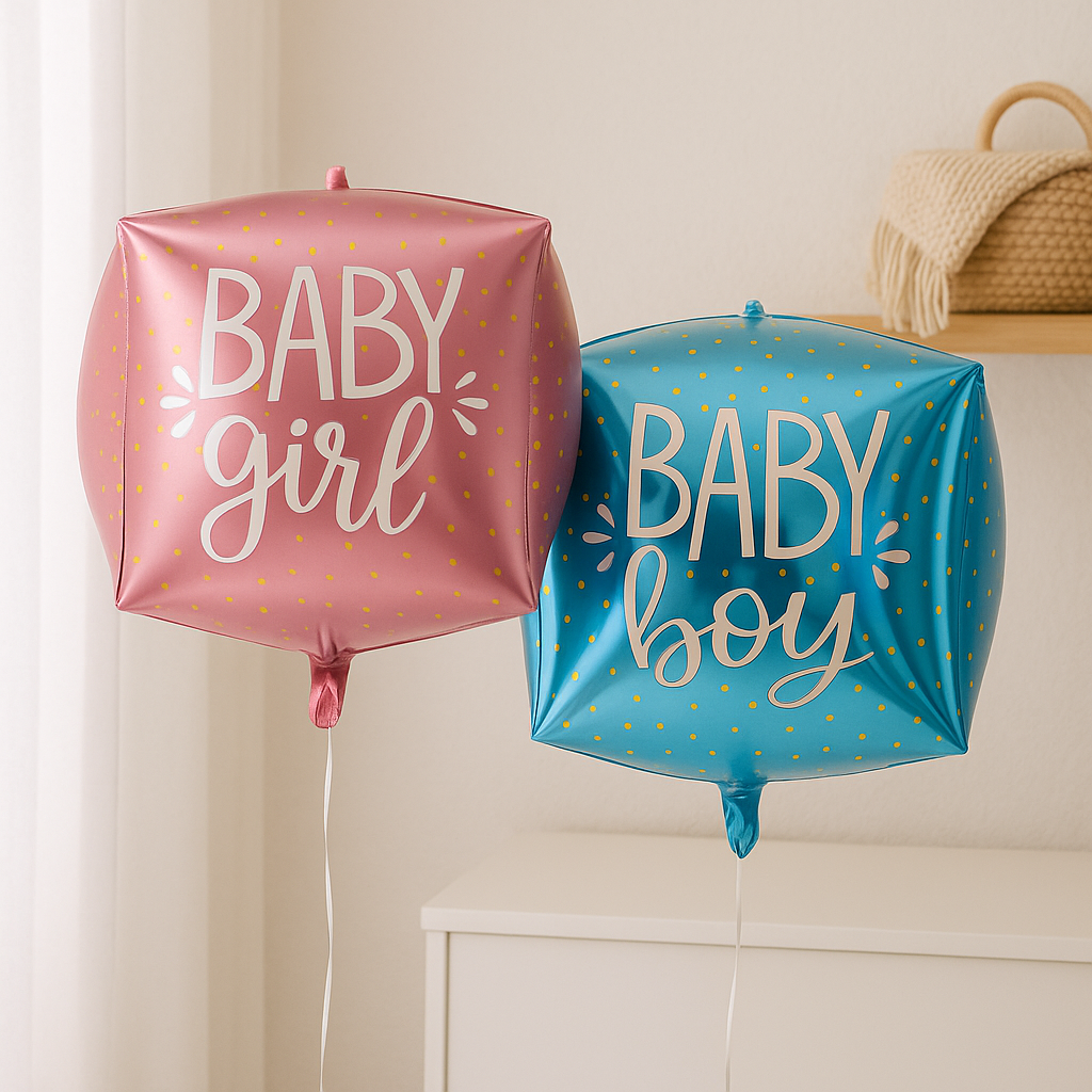 Baby Girl cube foil balloon 22 inch pink with gold dots – baby shower decoration Baby Boy cube foil balloon 22 inch blue with gold dots – baby shower decoration