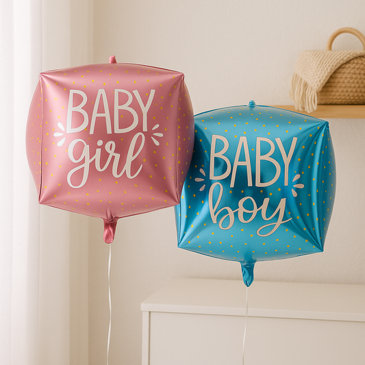 Baby Girl cube foil balloon 22 inch pink with gold dots – baby shower decoration Baby Boy cube foil balloon 22 inch blue with gold dots – baby shower decoration