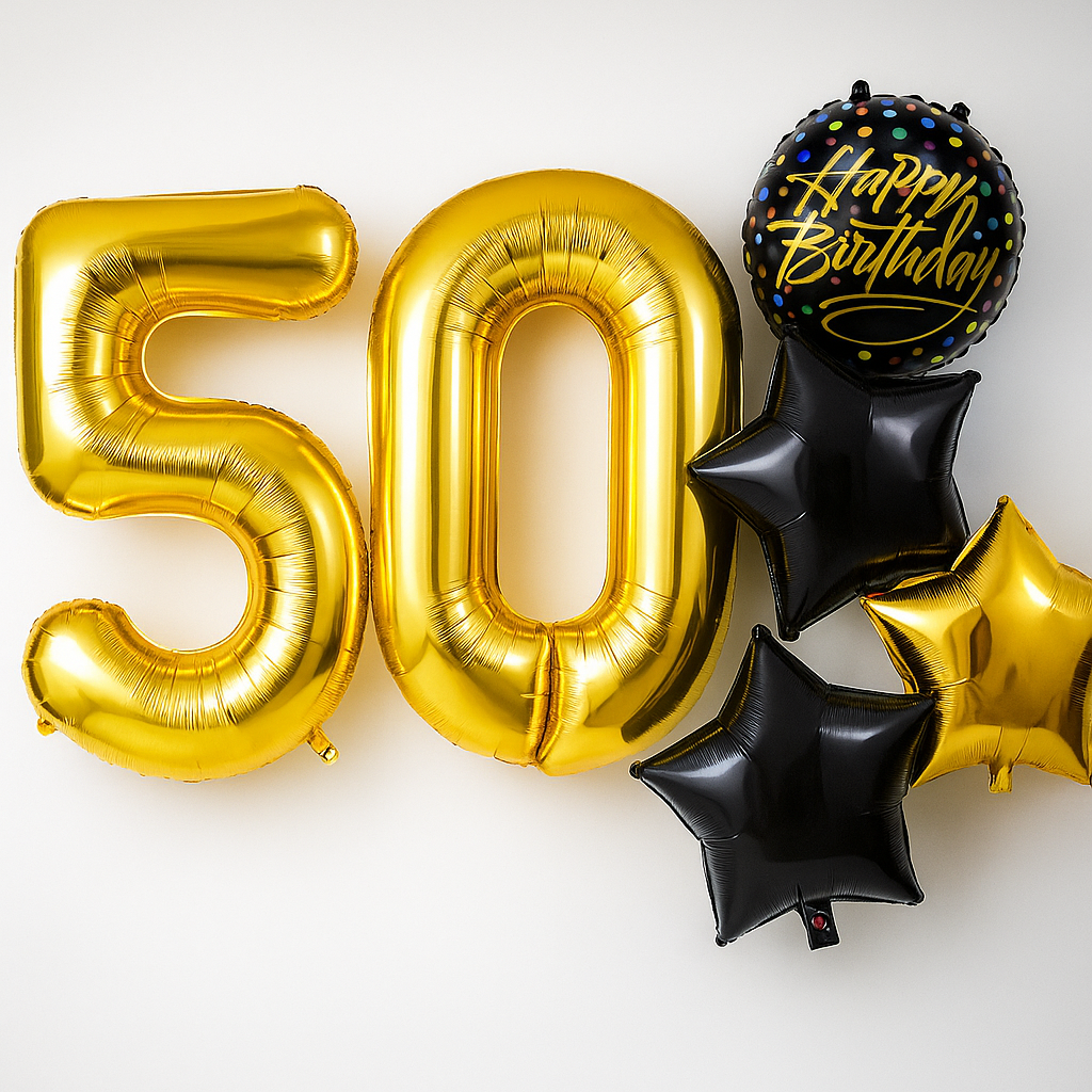 50th Birthday Balloons Gold & Black | 40 Inch Number Balloons with Stars | Set with Straw & Ribbon – Free UK Delivery