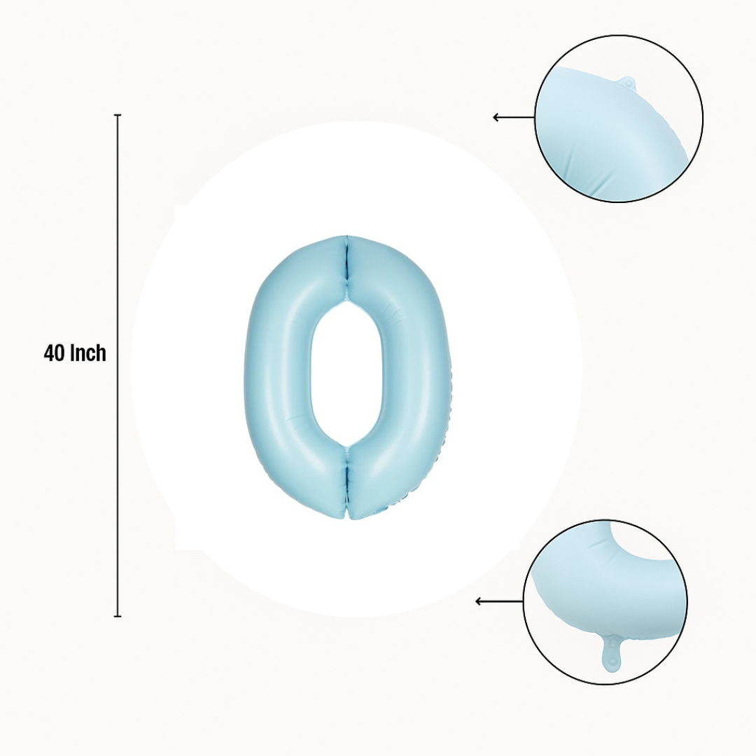 40 inch baby blue number 0 foil balloon size guide showing seam and valve detail