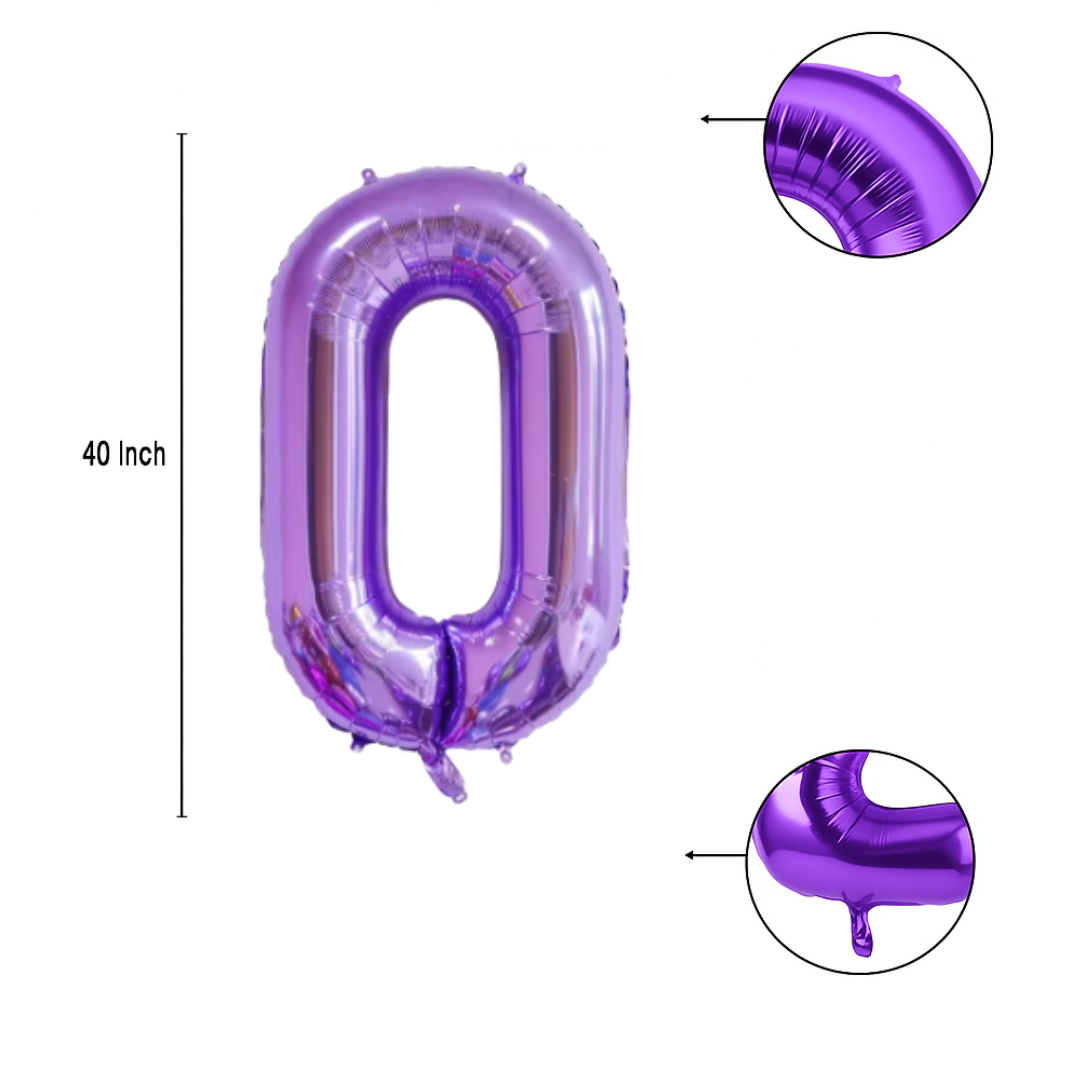 Close-up of metallic purple number 0 foil balloon finish