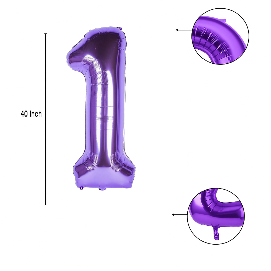 Close-up of metallic purple number 1 foil balloon finish