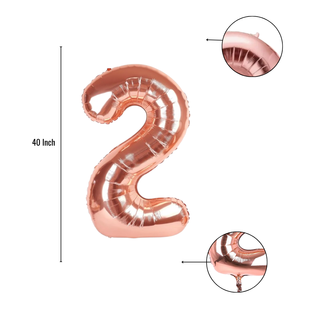 Close-up of rose gold number 2 foil balloon finish