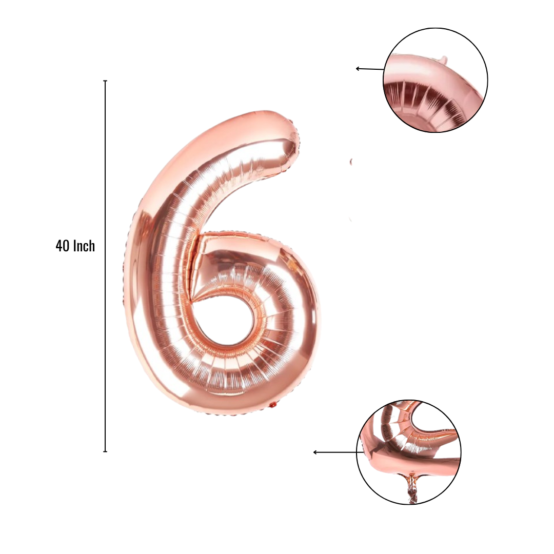 40 inch rose gold number 6 foil balloon size guide showing seam and valve detail