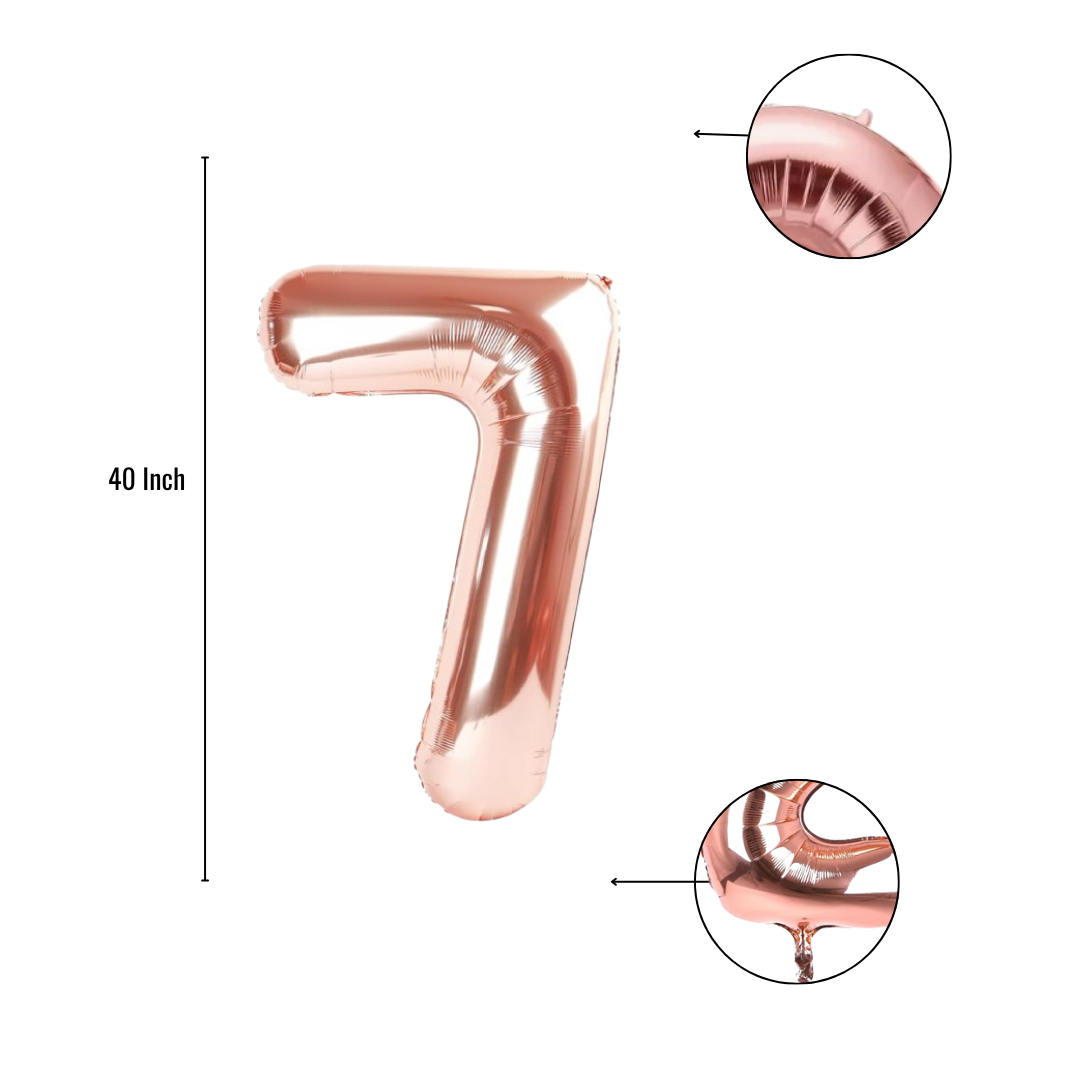 40 inch rose gold number 7 foil balloon size guide showing seam and valve detail