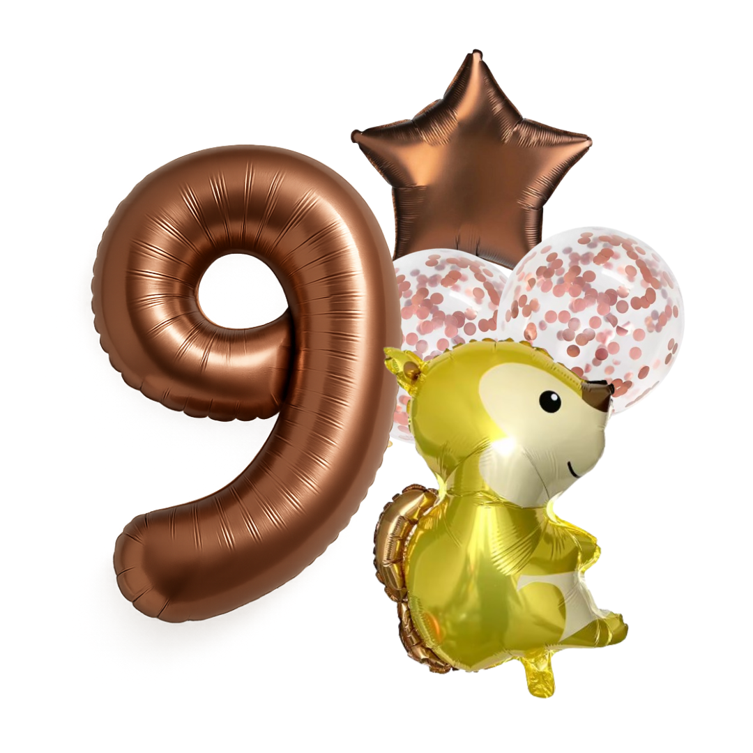 1st Birthday Balloon Set β Squirrel Foil, Confetti, Star & Bronze Number