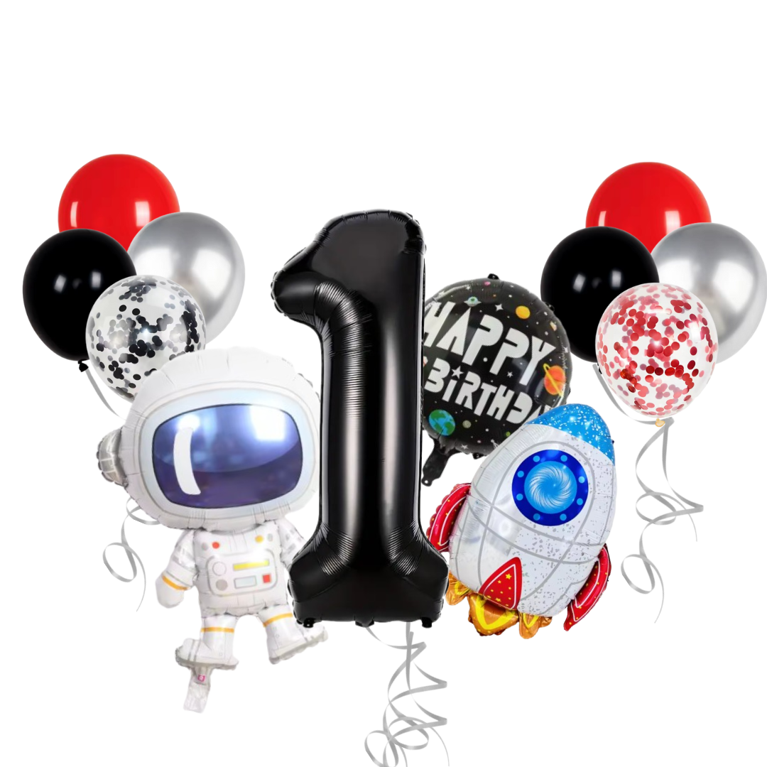 13-Pc Party Balloon Set - 40" Foil Number, Spaceship, Astronaut & Latex Confetti