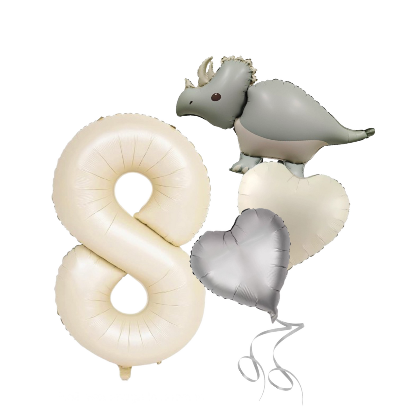1-9 Birthday Dinosaur Balloon Set – Beige Numbers + Heart & Dino Foil Balloons