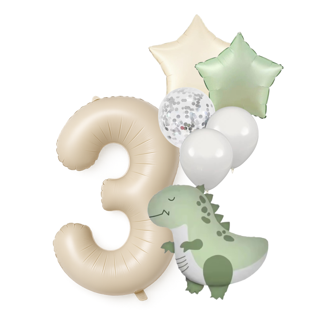 Dinosaur Birthday Balloons Set  40" Beige Number + Green Dinosaur Foil + Pastel