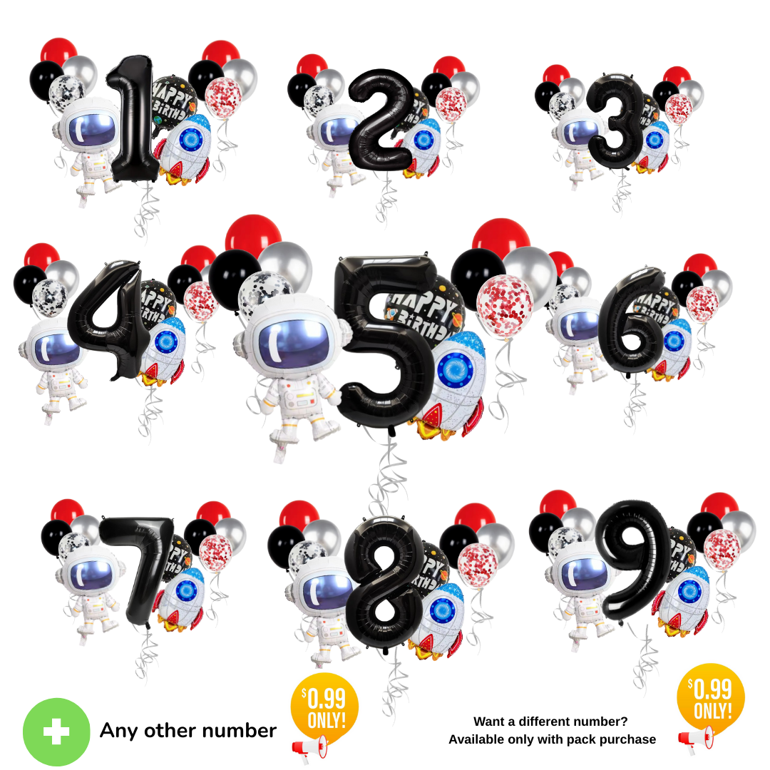 13-Pc Party Balloon Set - 40" Foil Number, Spaceship, Astronaut & Latex Confetti