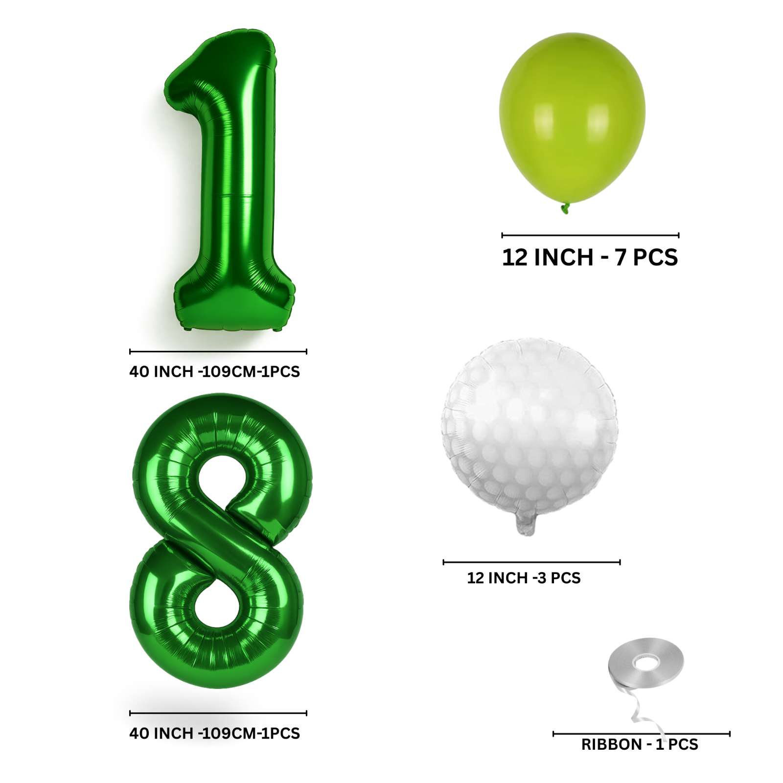 18th Golf Birthday Balloons Decoration Set | GREEN Foil Numbers + Golf Balloons