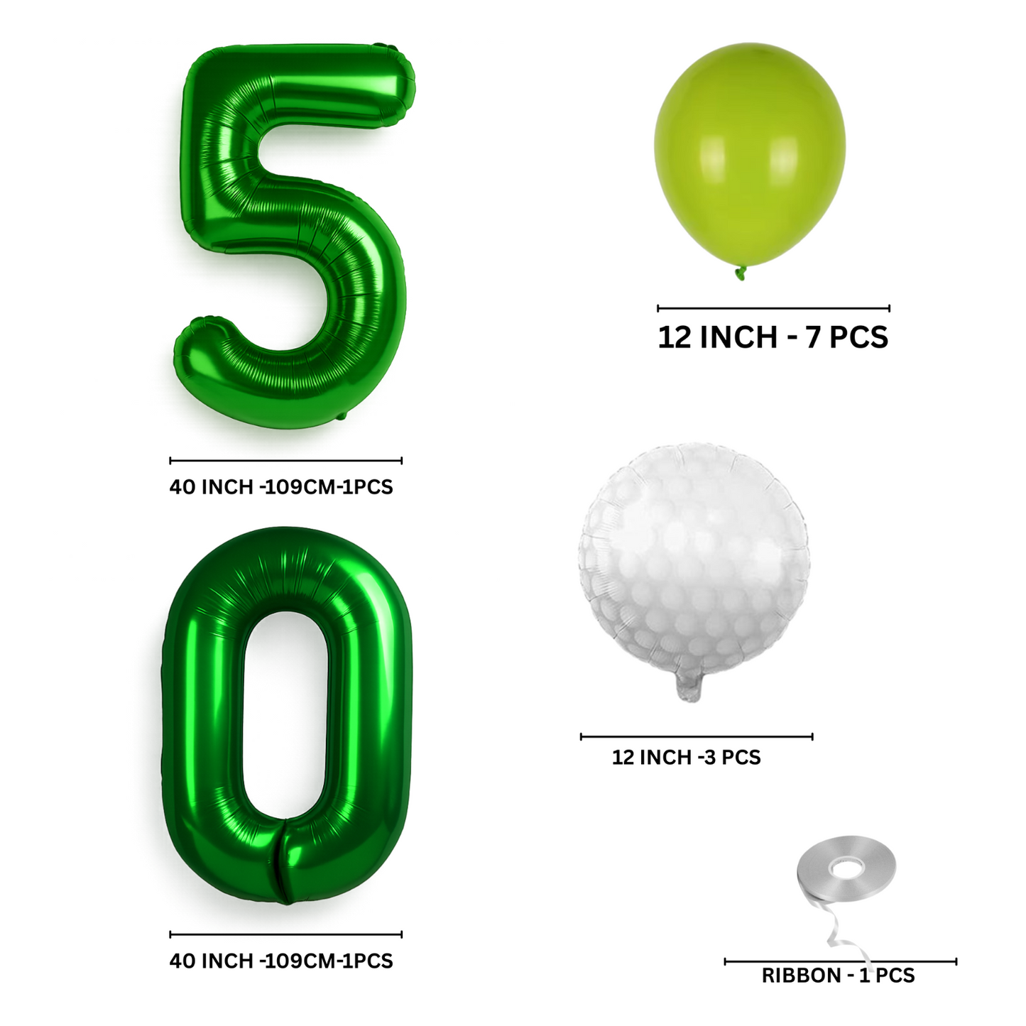50th Golf Birthday Balloons Decoration Set | Green Foil Numbers + Golf Balloons