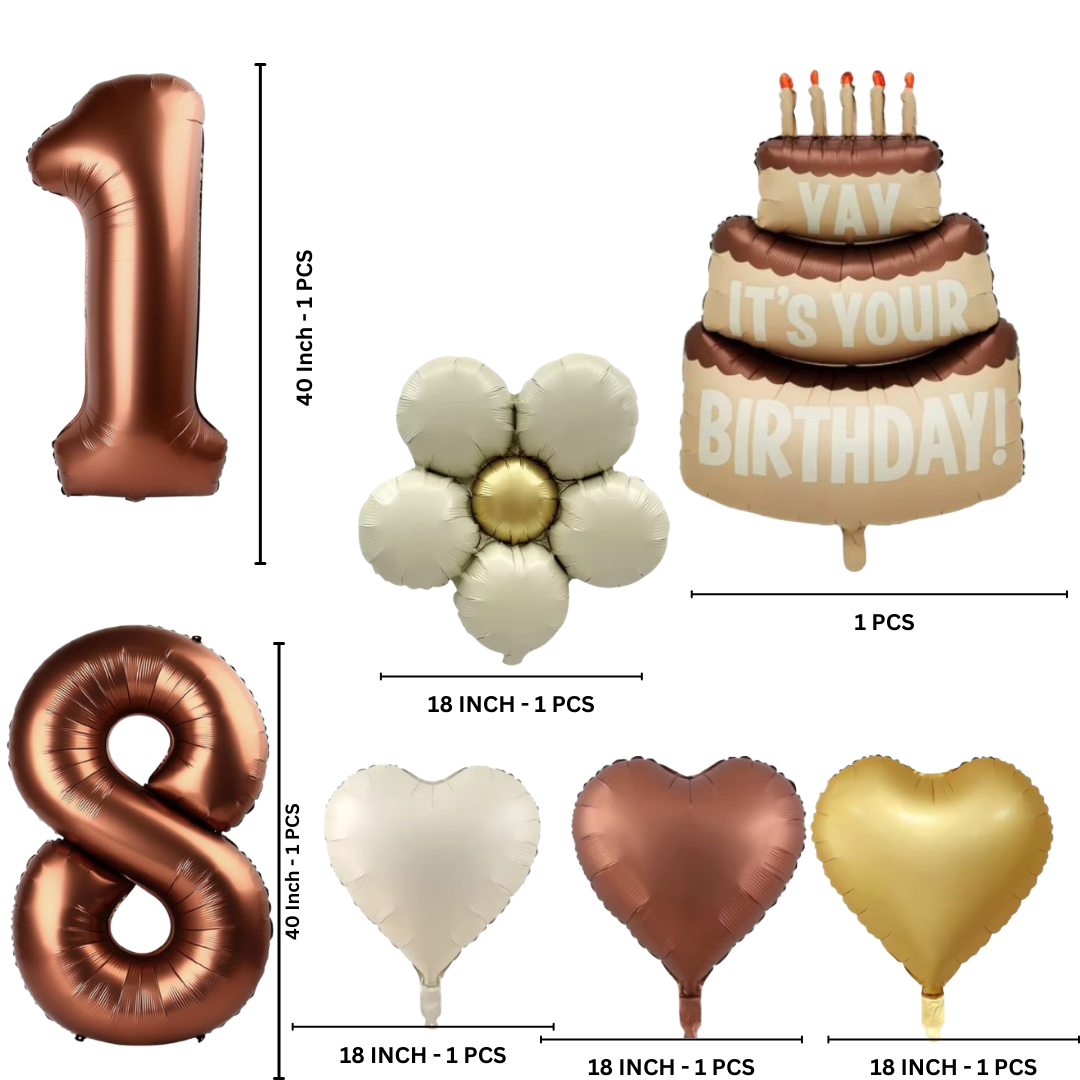 40'' Matte Brown Balloons Set  Numbers 18 21 15 30 / Cake Hearts Flower Shapes