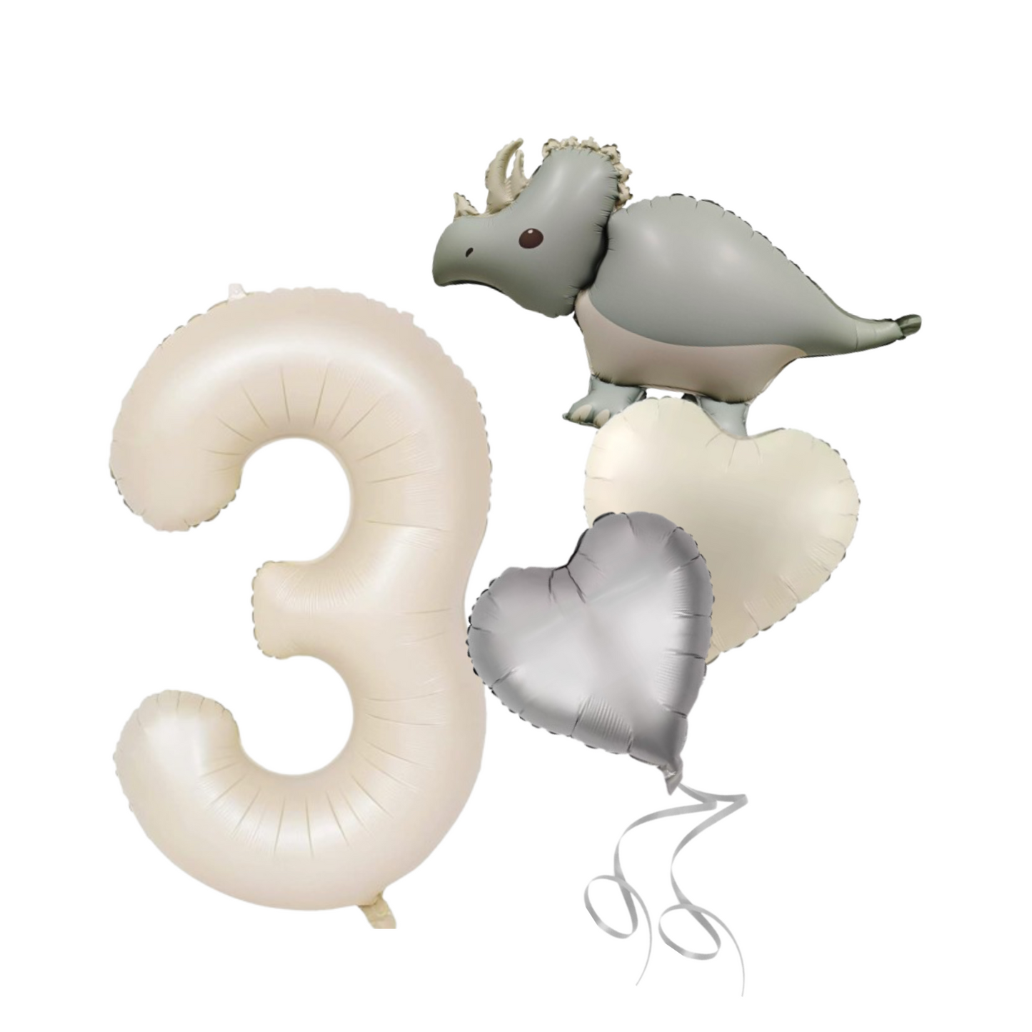 1-9 Birthday Dinosaur Balloon Set – Beige Numbers + Heart & Dino Foil Balloons