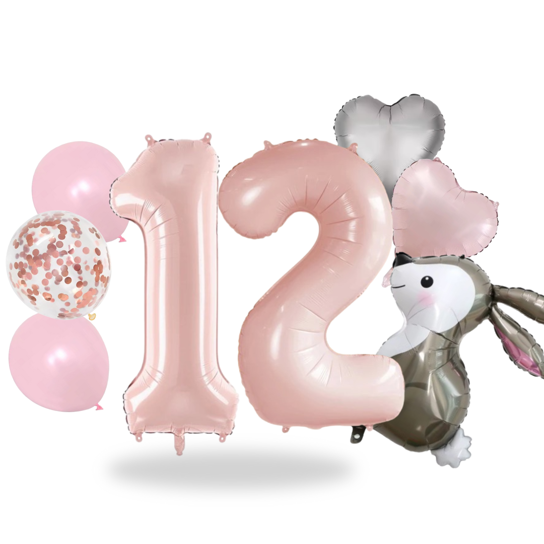 40'' Pink Number Balloons 1-12 Bunny Birthday Set /  Baby Girl Foil Balloon Kit