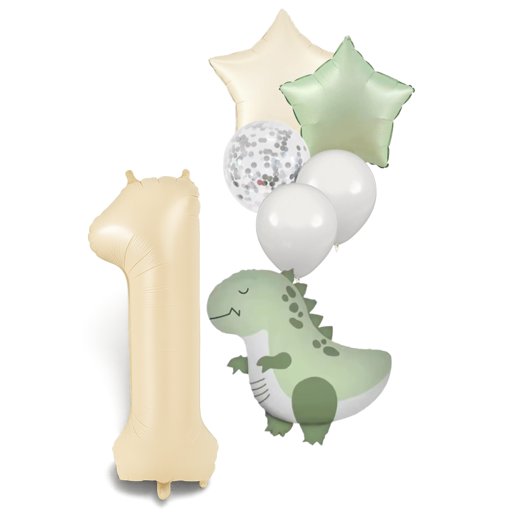 Dinosaur Birthday Balloons Set  40" Beige Number + Green Dinosaur Foil + Pastel