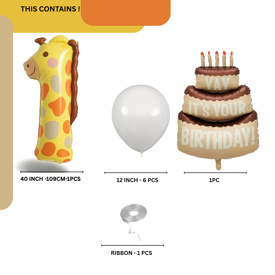 40" Giraffe Number 1 Balloon Set Safari Jungle 1st Birthday Decor Brown & Beige