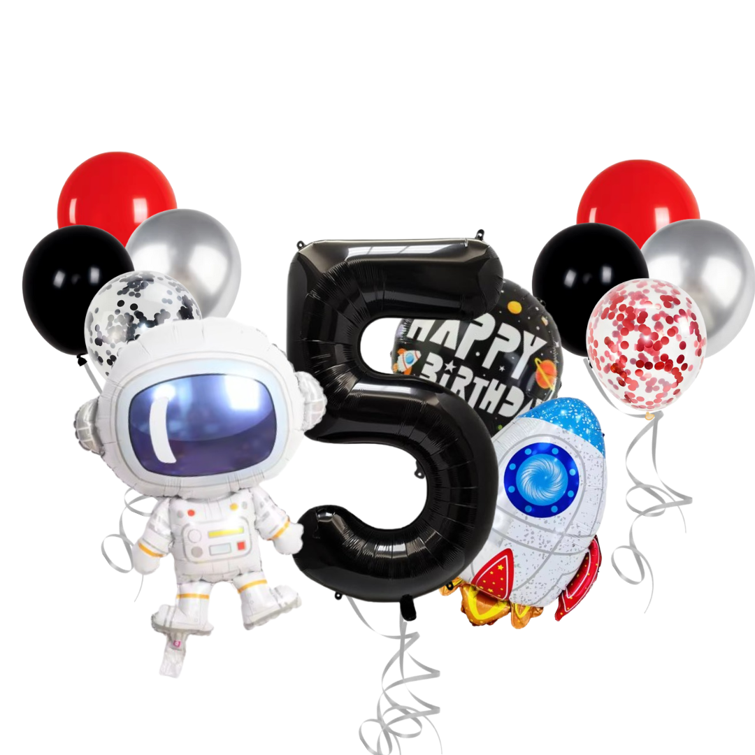 13-Pc Party Balloon Set - 40" Foil Number, Spaceship, Astronaut & Latex Confetti
