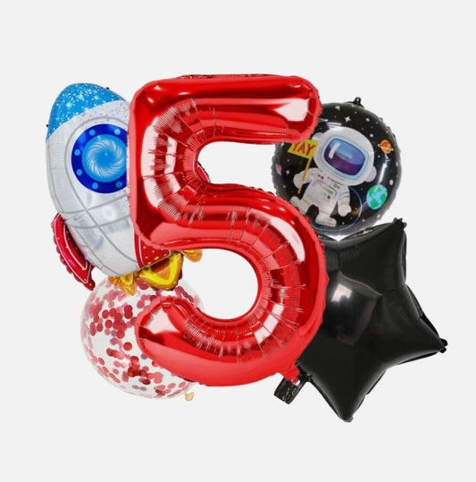 Red foil number Balloon with Astronaut & Rocket Space birthday for kids Spaceman