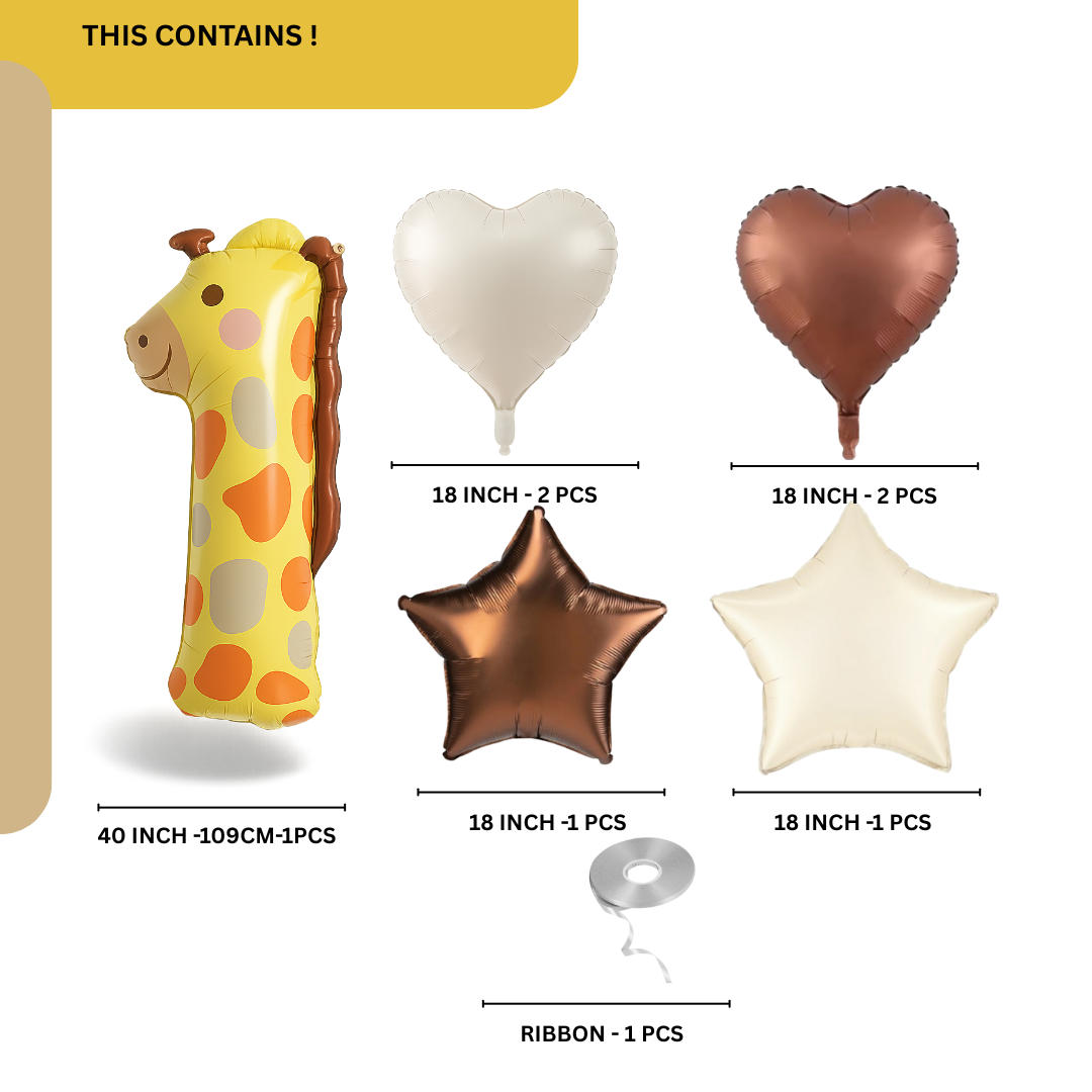 40" Giraffe Number 1 Balloon Set Safari Jungle 1st Birthday Decor Brown & Beige