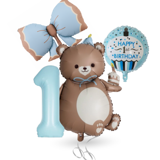 1st Birthday Balloon beige teddy Bear & Star Foil Baby Boy blue Party Decoration