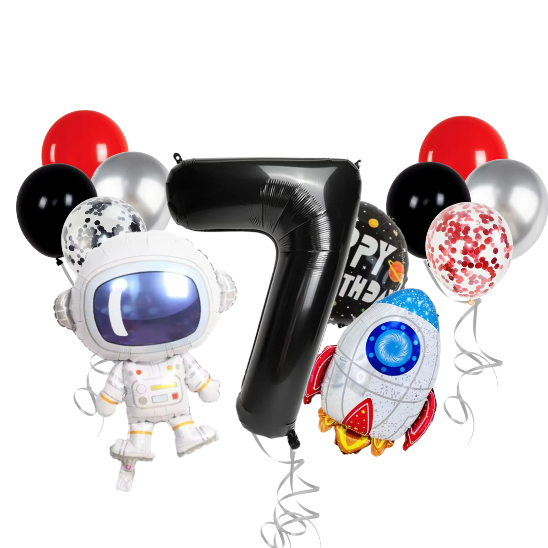 13-Pc Party Balloon Set - 40" Foil Number, Spaceship, Astronaut & Latex Confetti