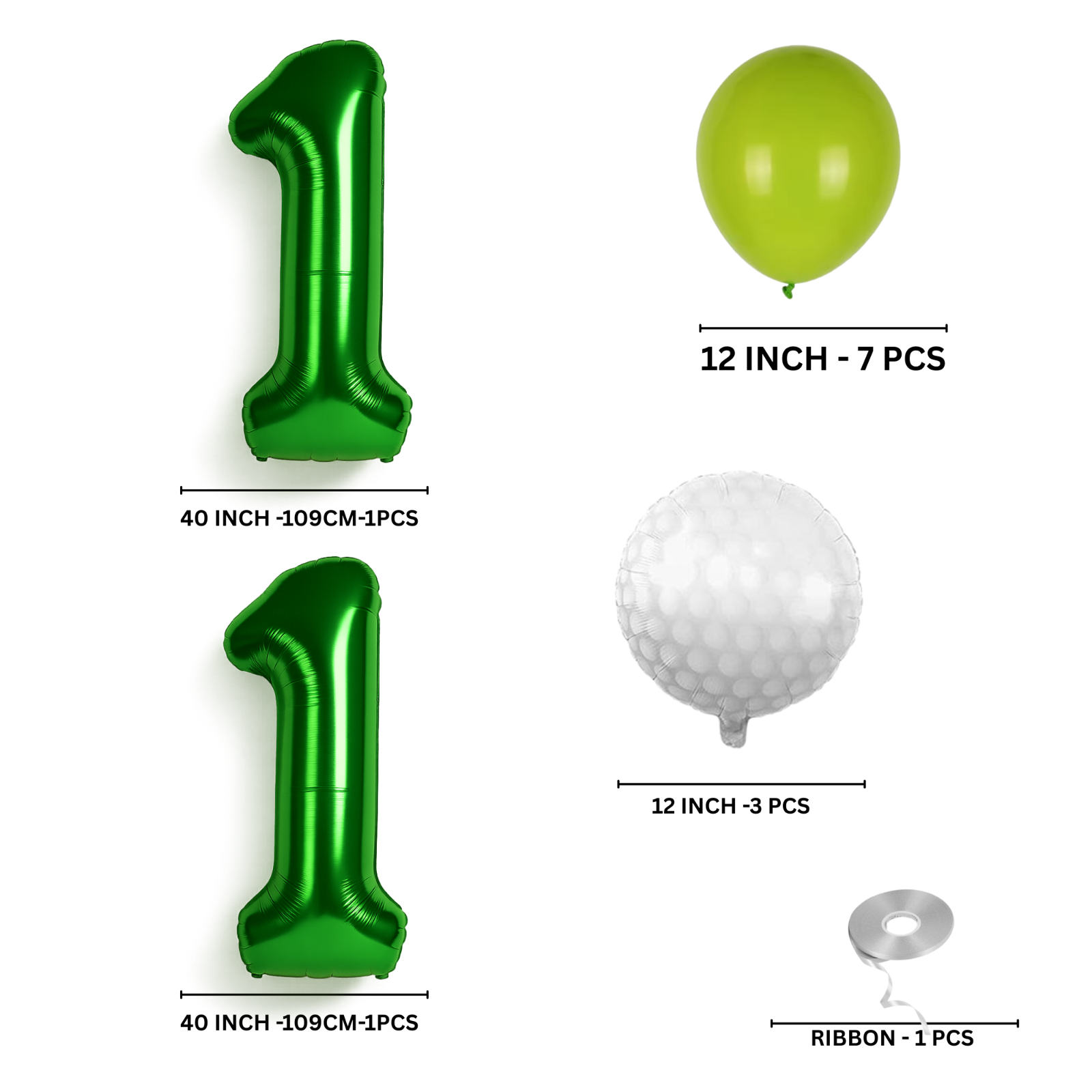 11th Golf Birthday Balloons Decoration Set | GREEN Foil Numbers + Golf Balloons