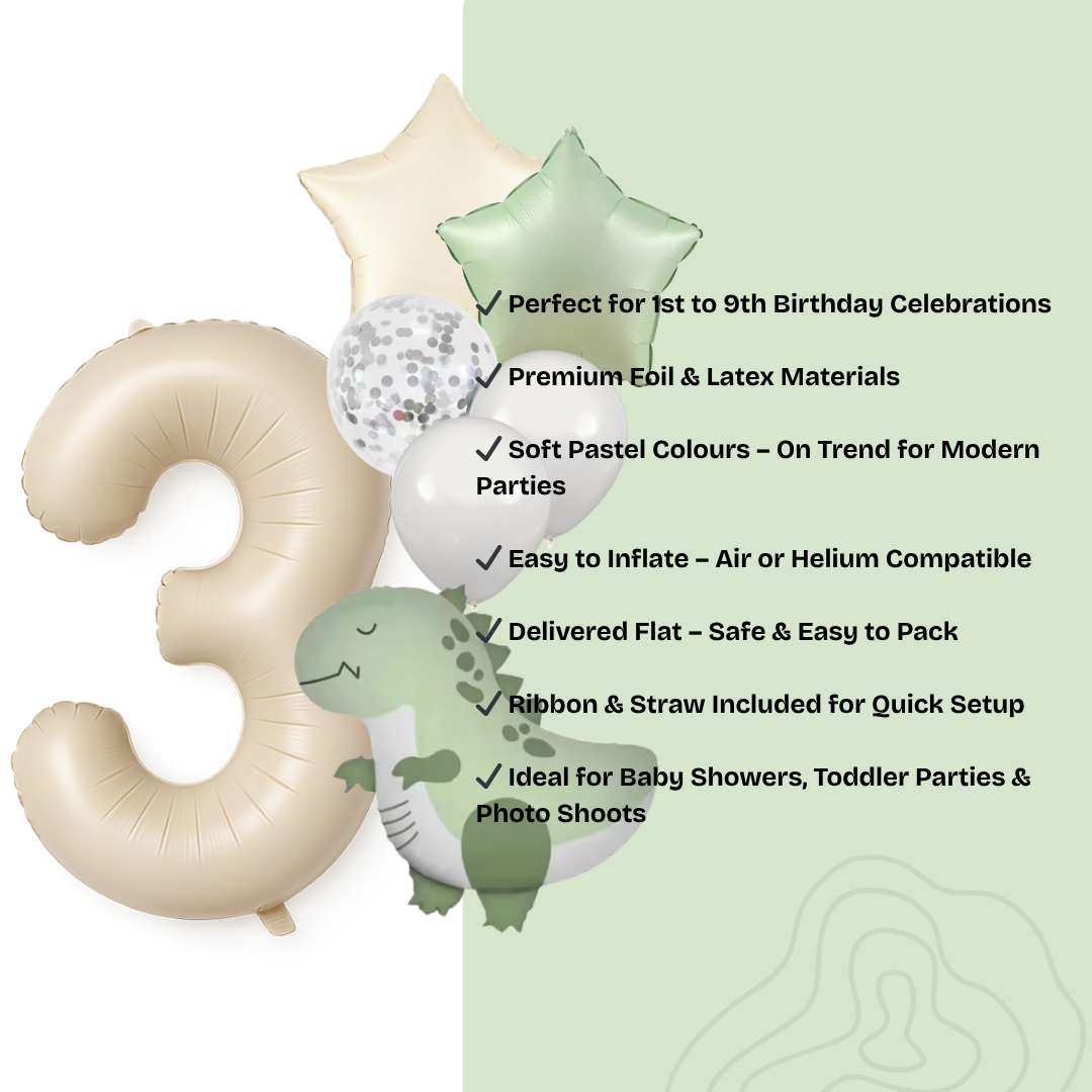 Dinosaur Birthday Balloons Set  40" Beige Number + Green Dinosaur Foil + Pastel