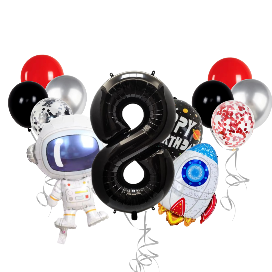 13-Pc Party Balloon Set - 40" Foil Number, Spaceship, Astronaut & Latex Confetti