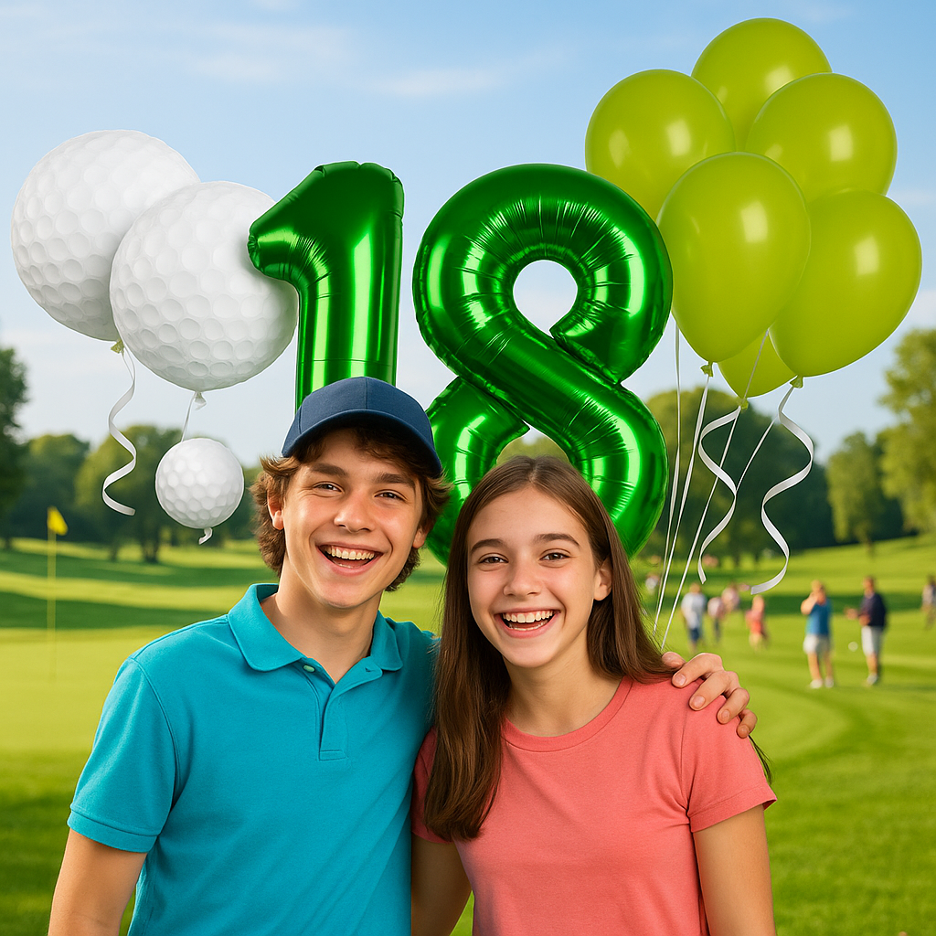 18th Golf Birthday Balloons Decoration Set | GREEN Foil Numbers + Golf Balloons