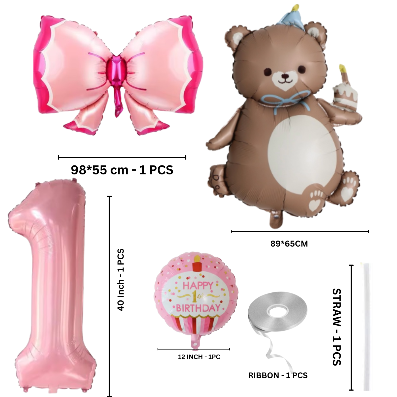1st Birthday Balloon pink teddy Bear & Star Foil Baby girl rose Party Decoration