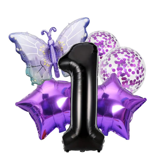 Purple Number 1 Balloon violet Set with Stars, Butterfly Confetti Balloon XL big