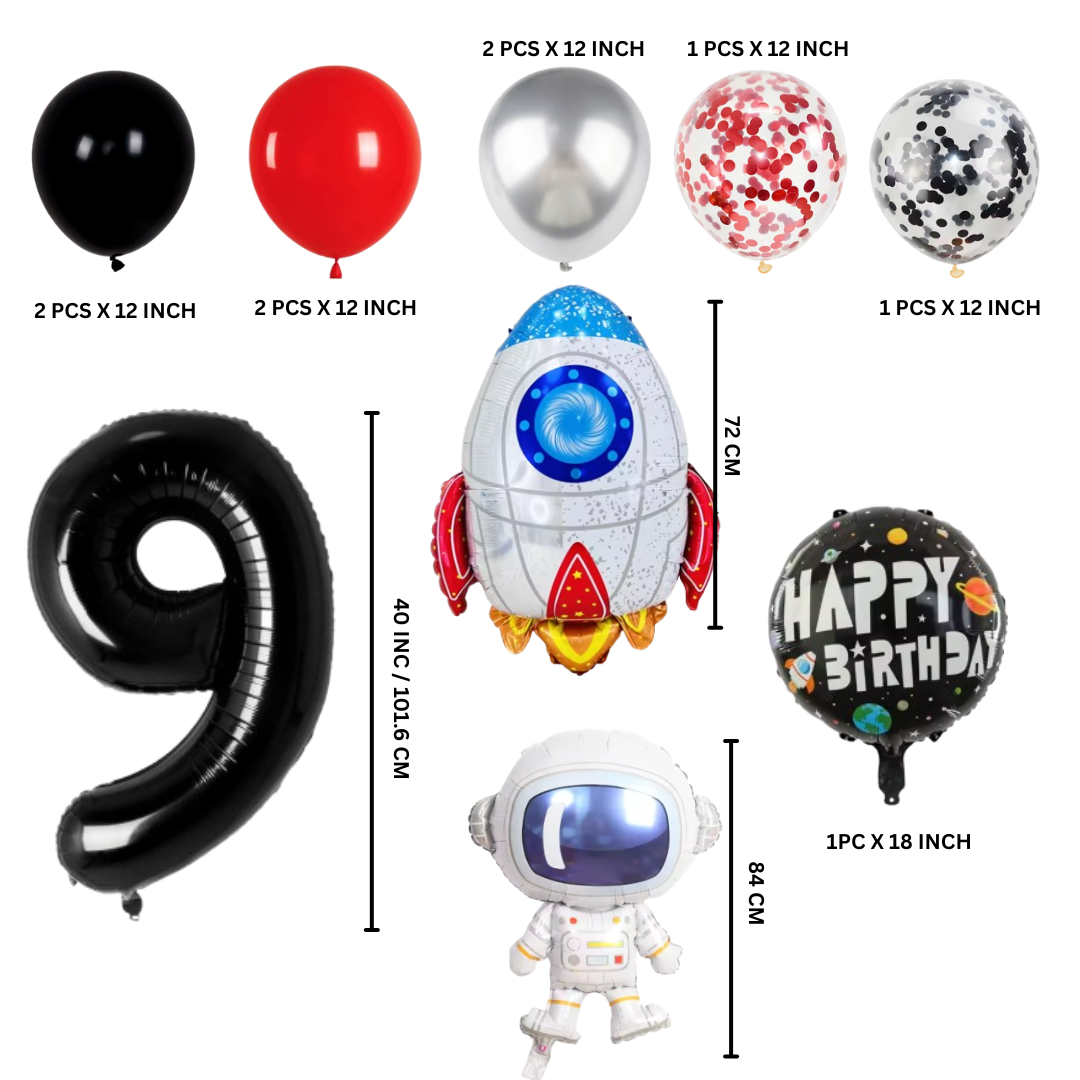 13-Pc Party Balloon Set - 40" Foil Number, Spaceship, Astronaut & Latex Confetti