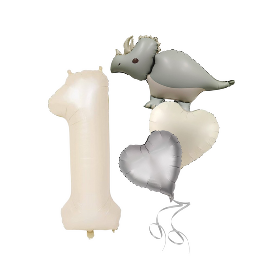 1-9 Birthday Dinosaur Balloon Set – Beige Numbers + Heart & Dino Foil Balloons