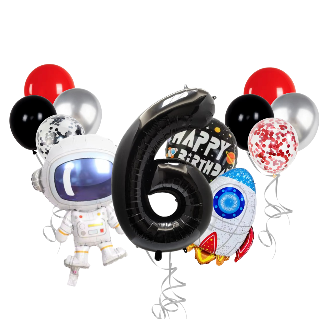 13-Pc Party Balloon Set - 40" Foil Number, Spaceship, Astronaut & Latex Confetti