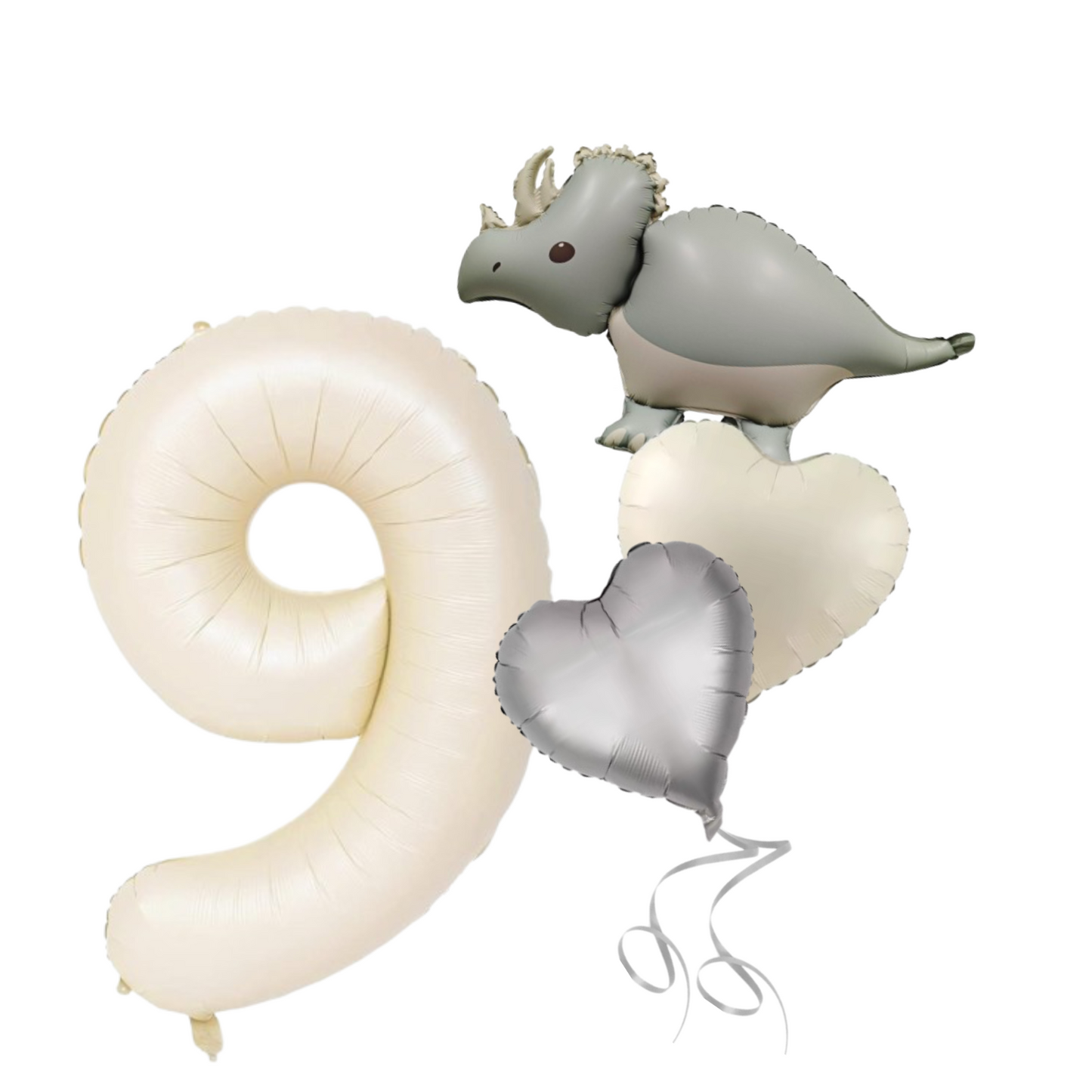 1-9 Birthday Dinosaur Balloon Set – Beige Numbers + Heart & Dino Foil Balloons