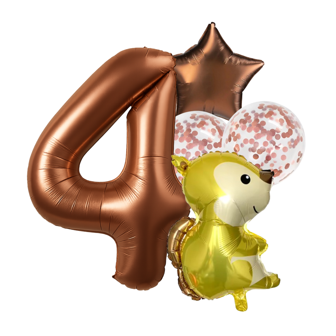 1st Birthday Balloon Set β Squirrel Foil, Confetti, Star & Bronze Number