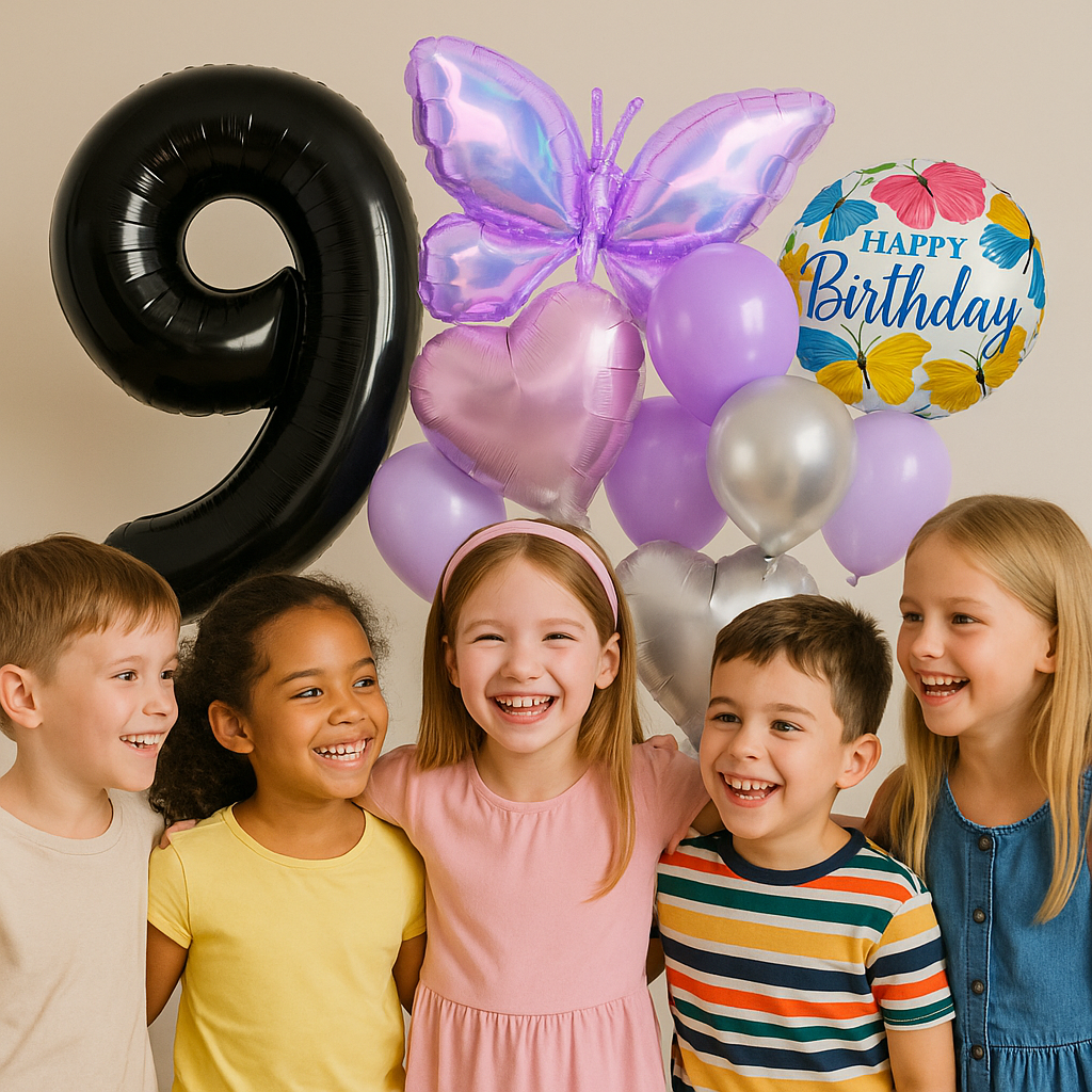 1-9 Girl Birthday Balloon Set Butterfly Heart Purple Silver Foil Balloons Party