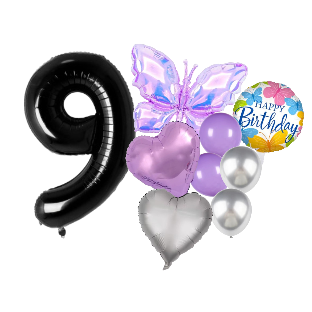 1-9 Girl Birthday Balloon Set Butterfly Heart Purple Silver Foil Balloons Party