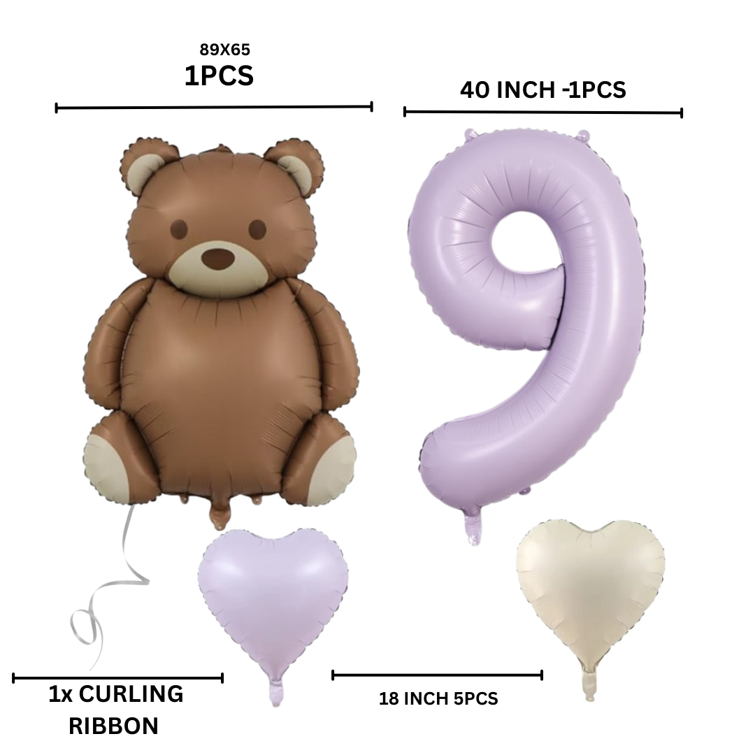 Pack Bear Balloon Set with Baby Purple Number Romantic Gift & Decor heart pastel