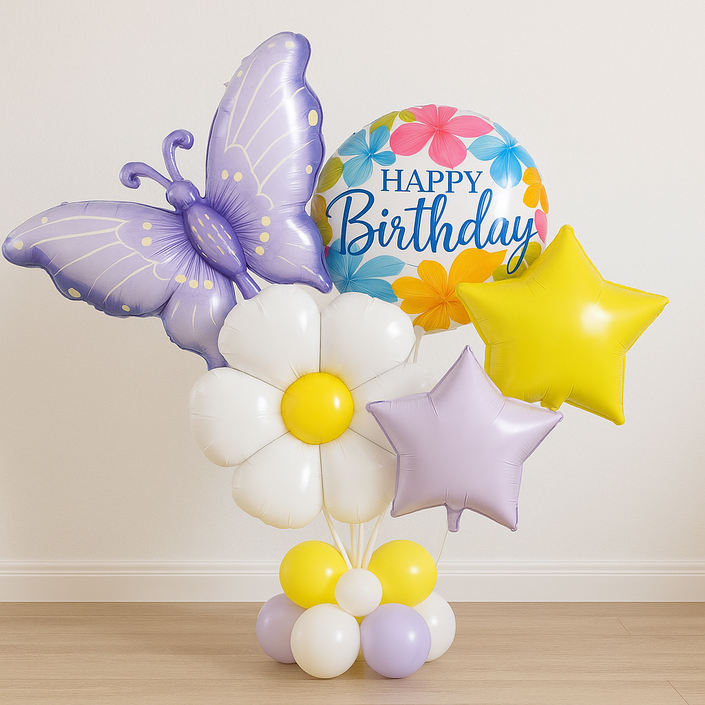 Happy Birthday Balloon Set – Butterfly, Daisy Flower & Star Foil Balloons