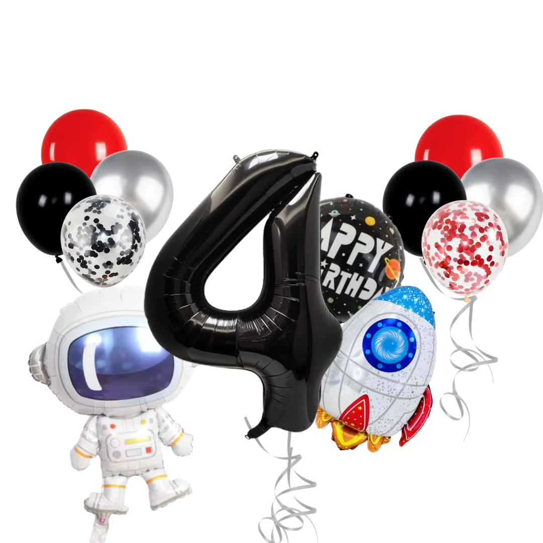 13-Pc Party Balloon Set - 40" Foil Number, Spaceship, Astronaut & Latex Confetti