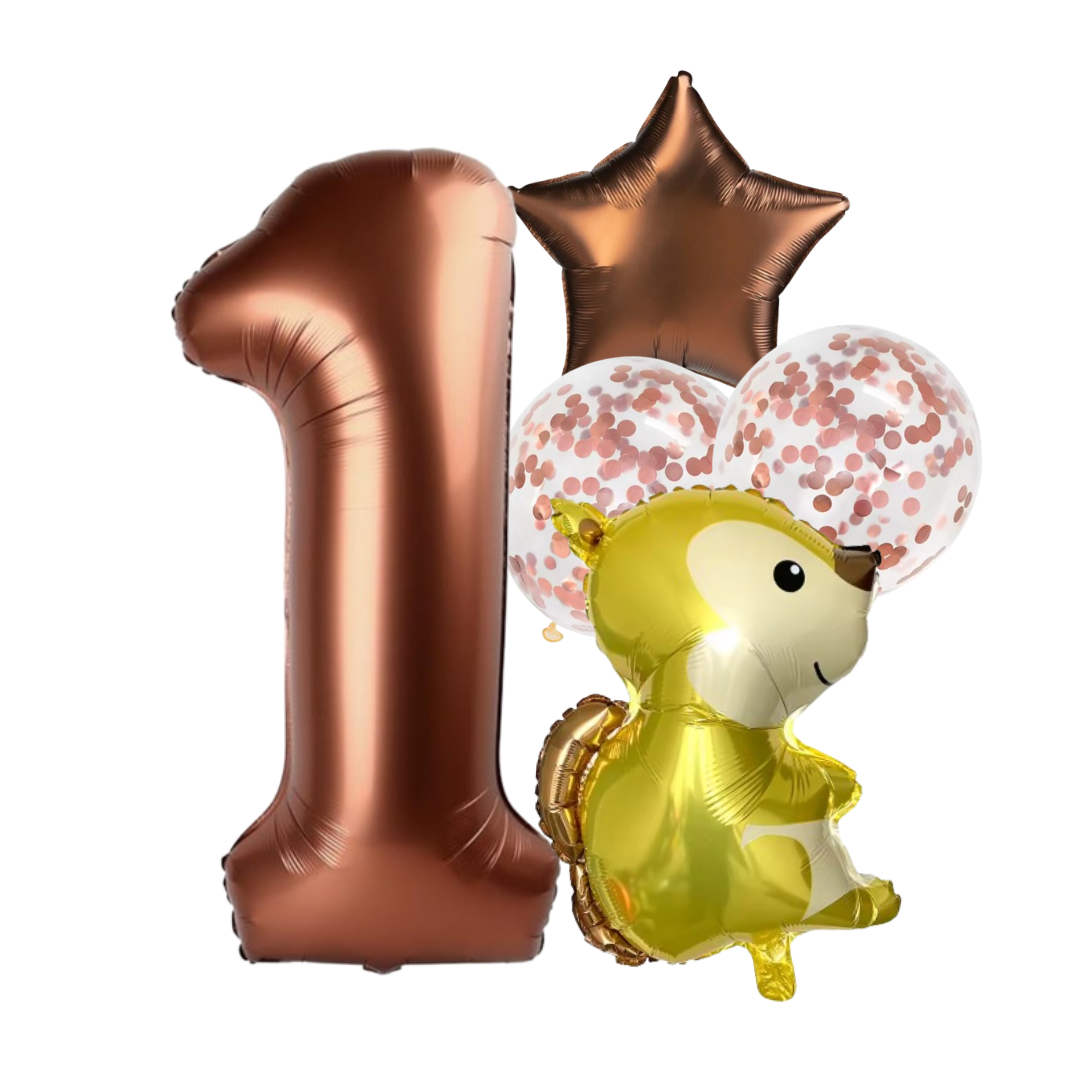 1st Birthday Balloon Set β Squirrel Foil, Confetti, Star & Bronze Number