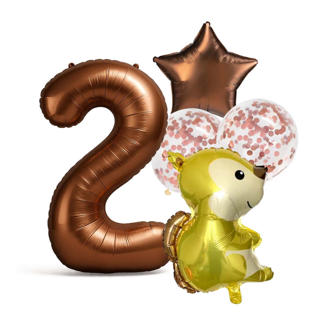1st Birthday Balloon Set β Squirrel Foil, Confetti, Star & Bronze Number