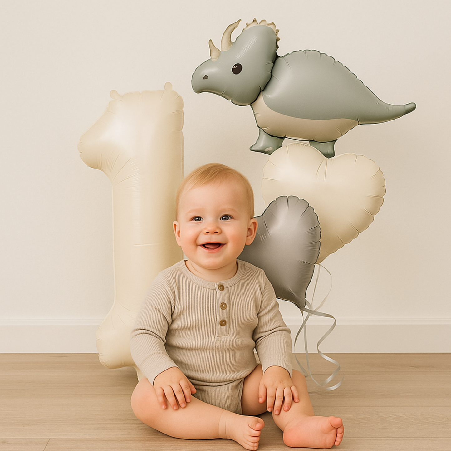 1-9 Birthday Dinosaur Balloon Set – Beige Numbers + Heart & Dino Foil Balloons